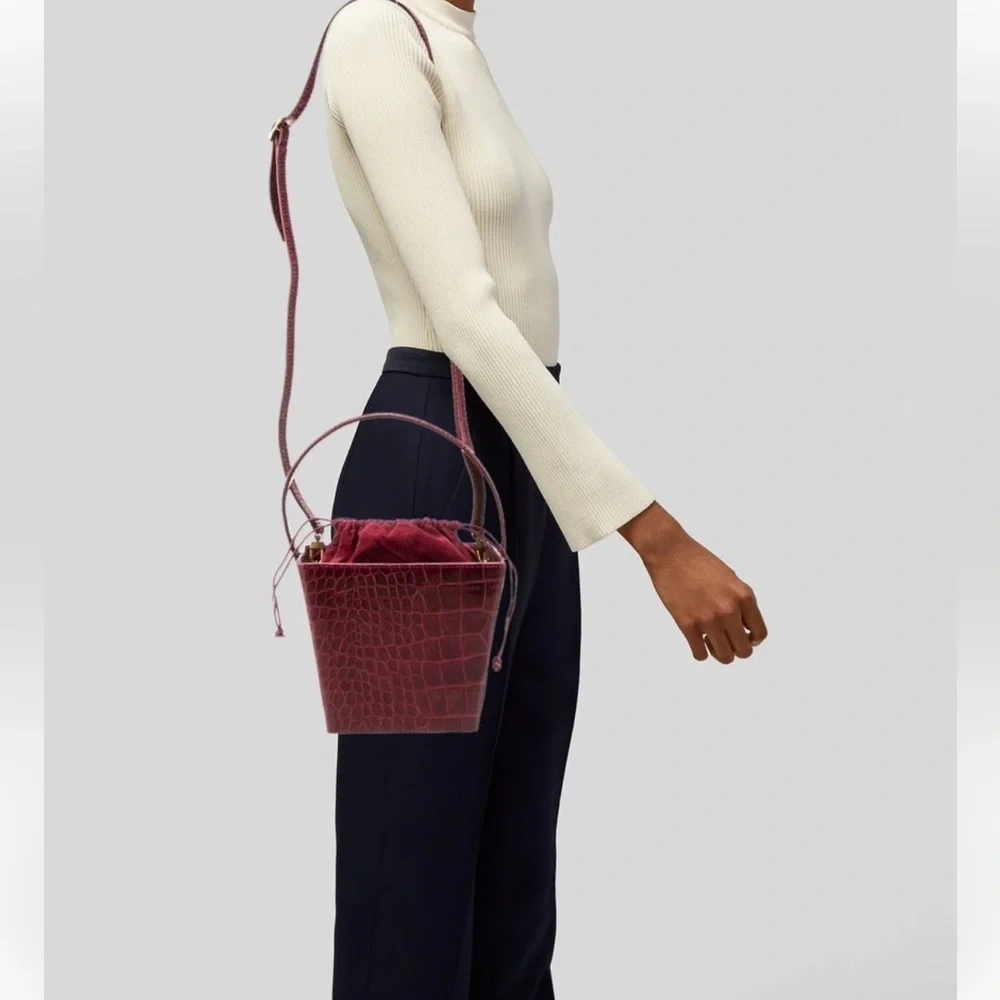 STAUD Burgundy Croc-Embossed Bucket Bag - Picture 2 of 5